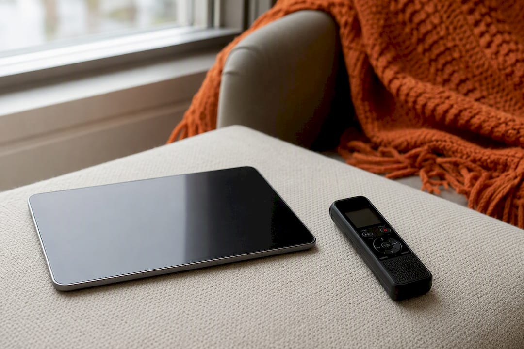 Digital recorder and tablet on table for workflow