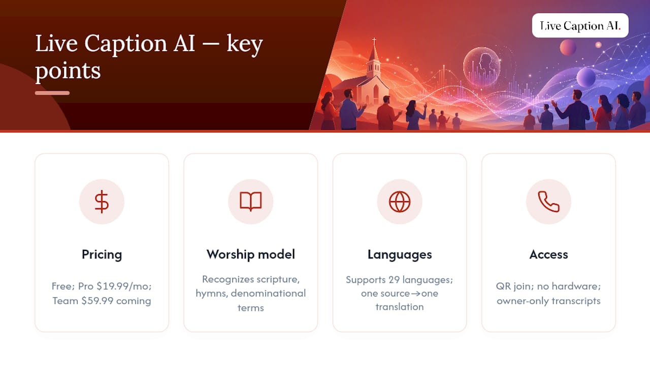 Why Live Caption AI Is a Practical Lower-Cost Live-Caption Option for Worship and Events — overview diagram