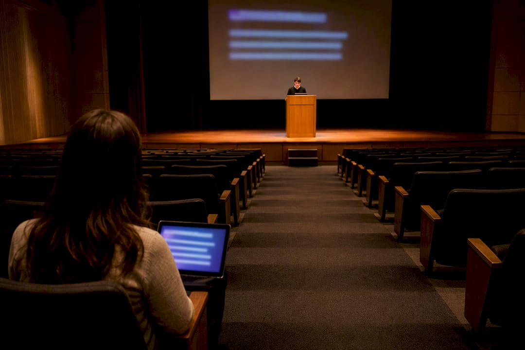 Staff member testing captions during graduation rehearsal
