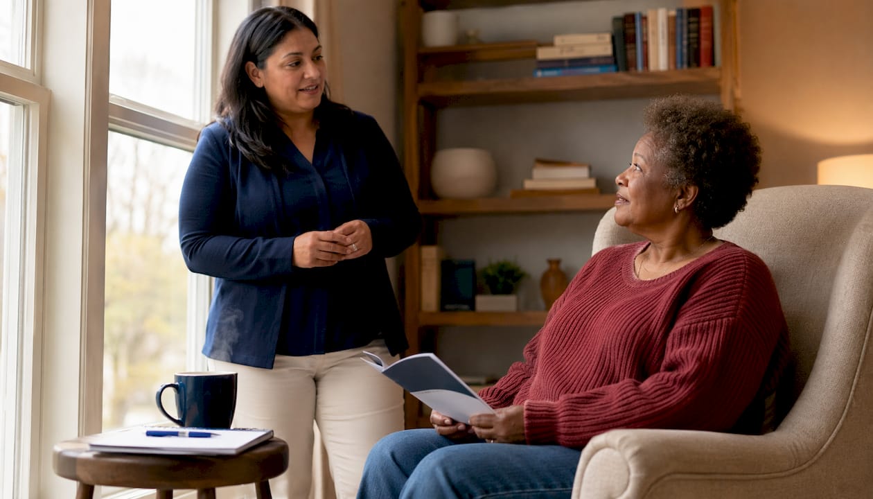 Counselor and homeowner discussing reverse mortgage options