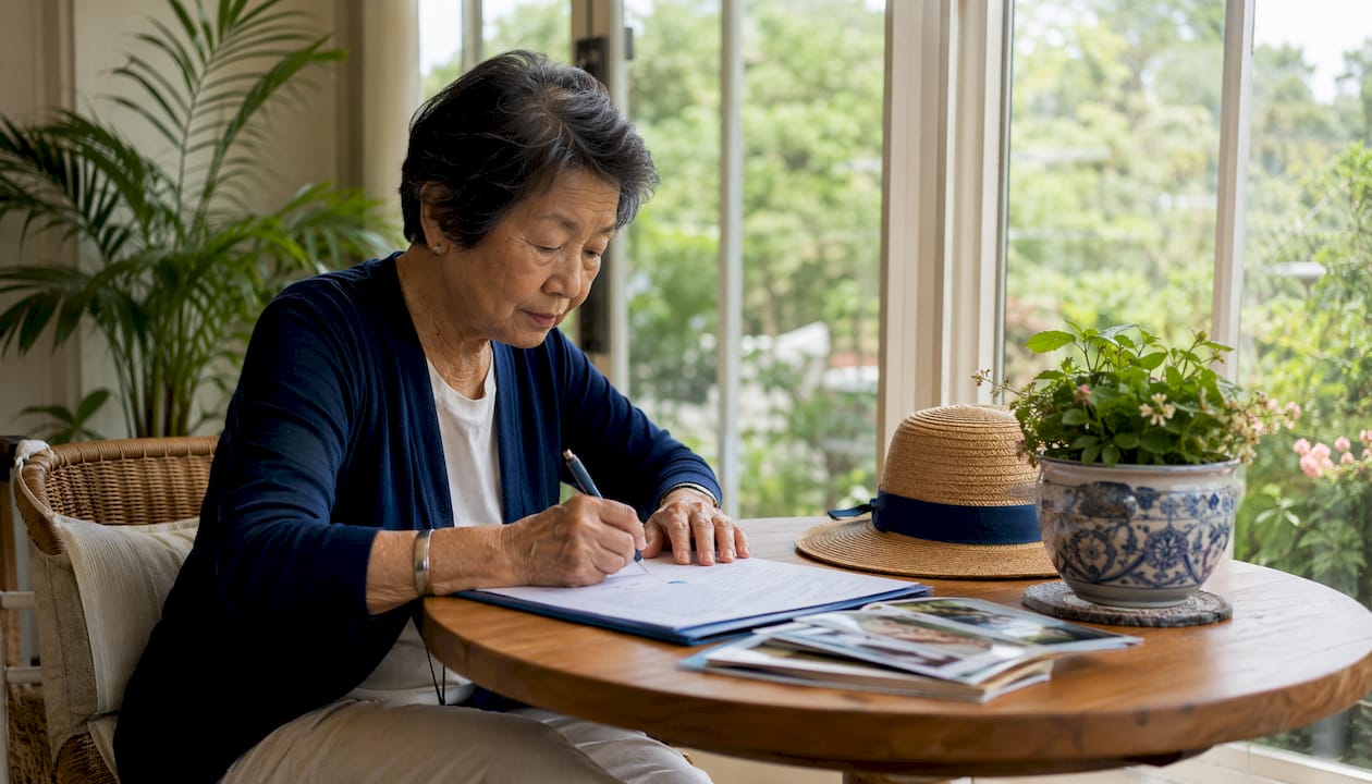 Senior woman signing reverse mortgage documents
