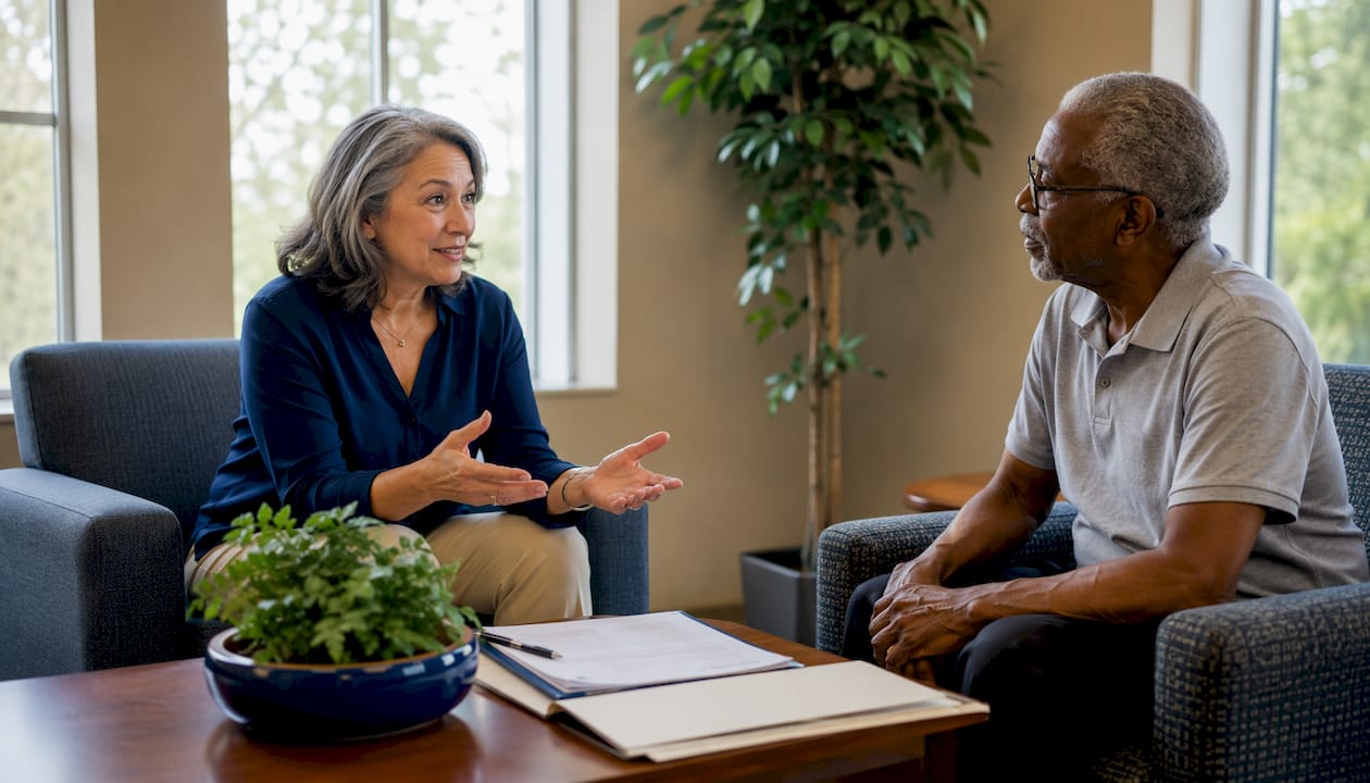 Counselor explaining reverse mortgage benefits
