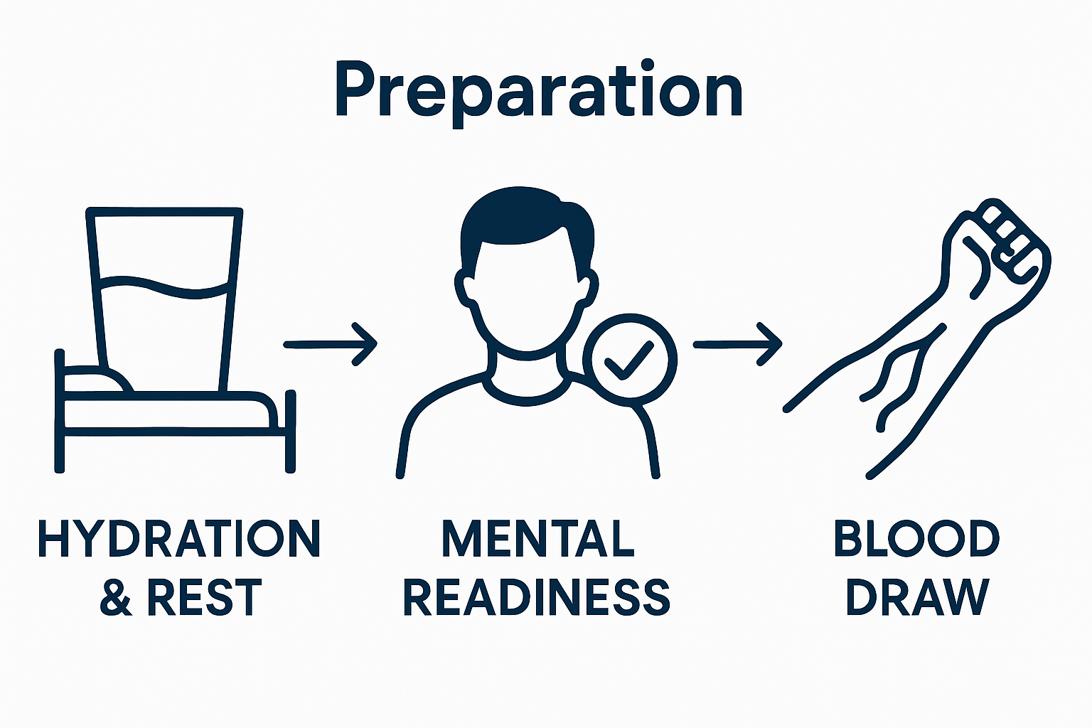 Step-by-step phlebotomy preparation showing hydration, relaxation, and ready arm