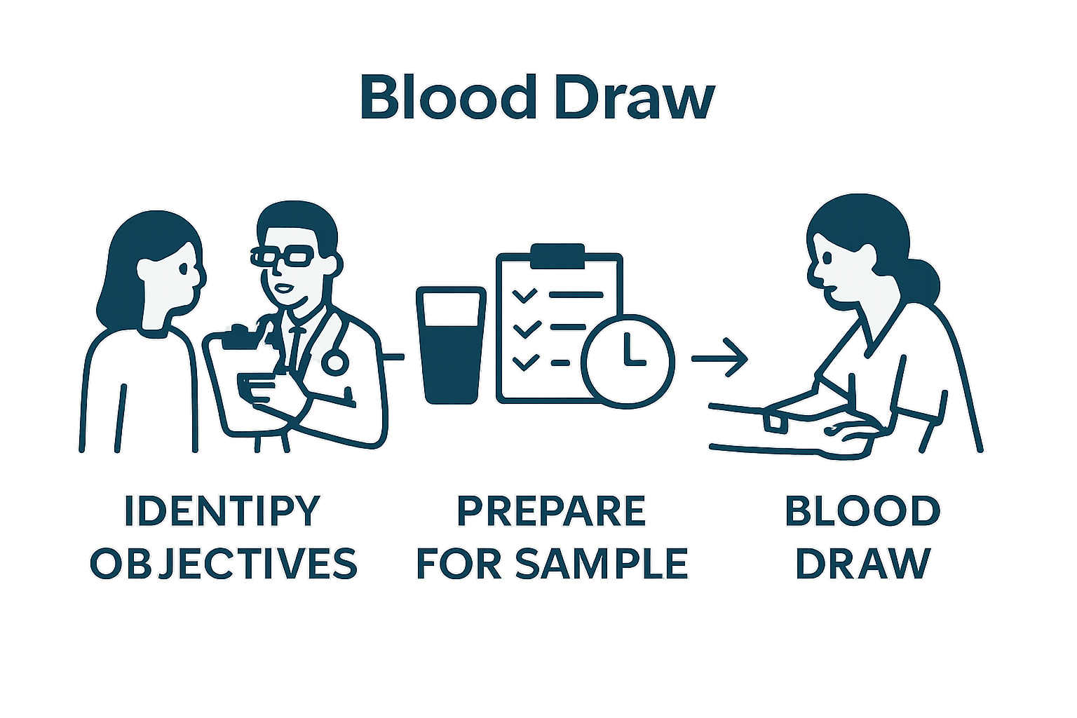 Infographic showing three blood testing workflow steps for women