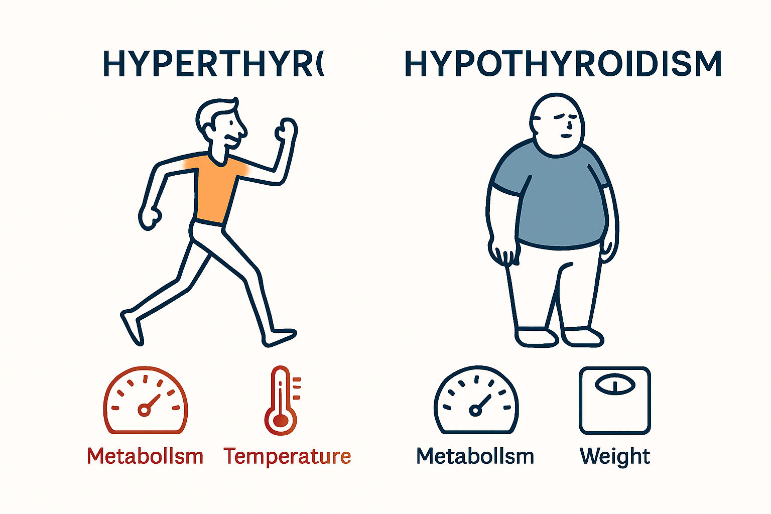Side-by-side comparison of hyperthyroidism versus hypothyroidism symptoms with icons