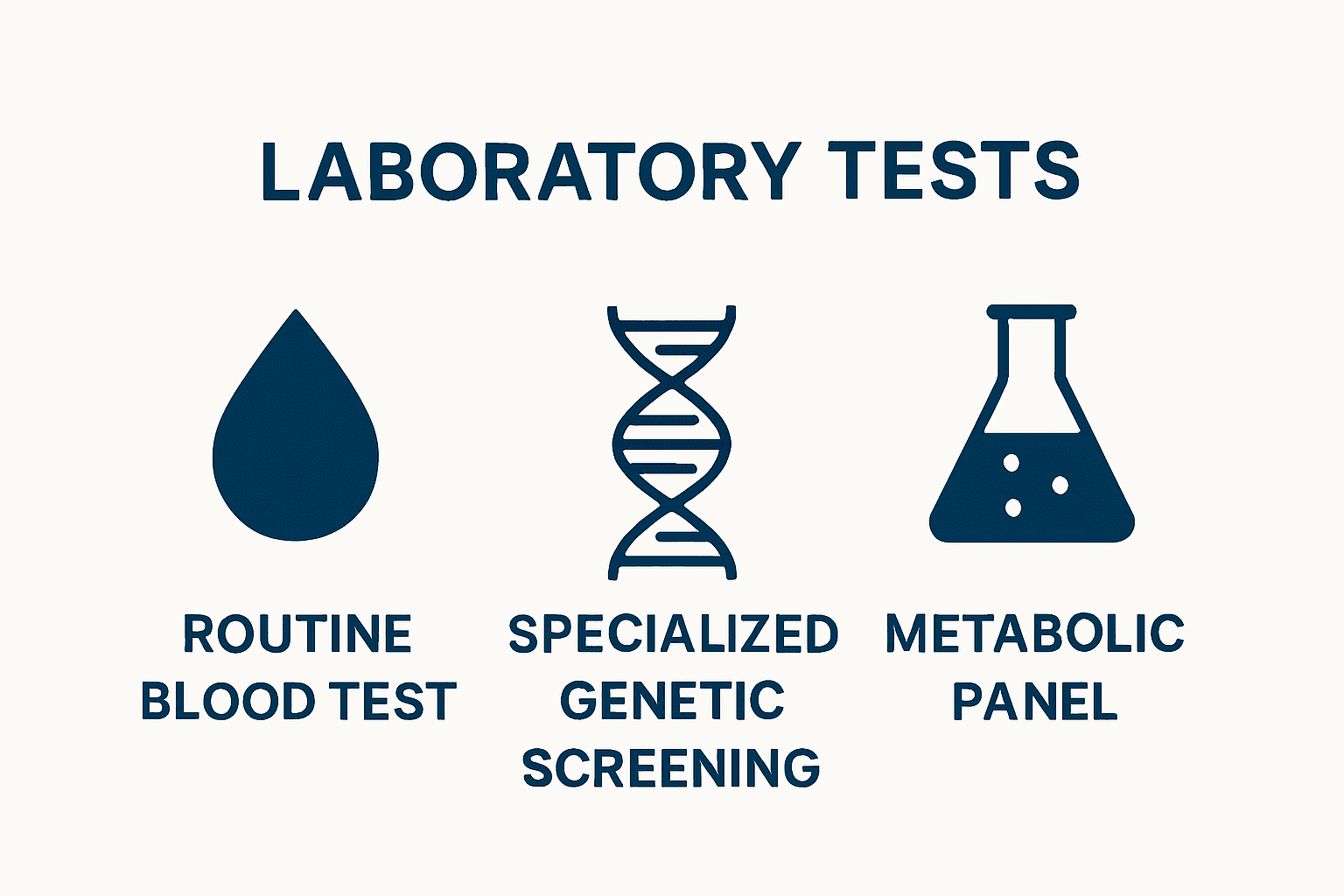 Simple visual showing types of lab tests: blood, genetic, metabolic.