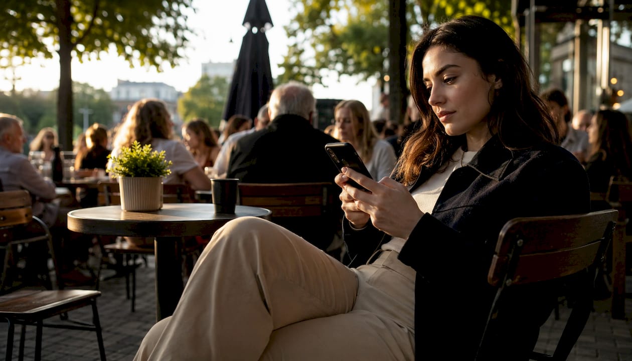 Young woman scrolling phone in park