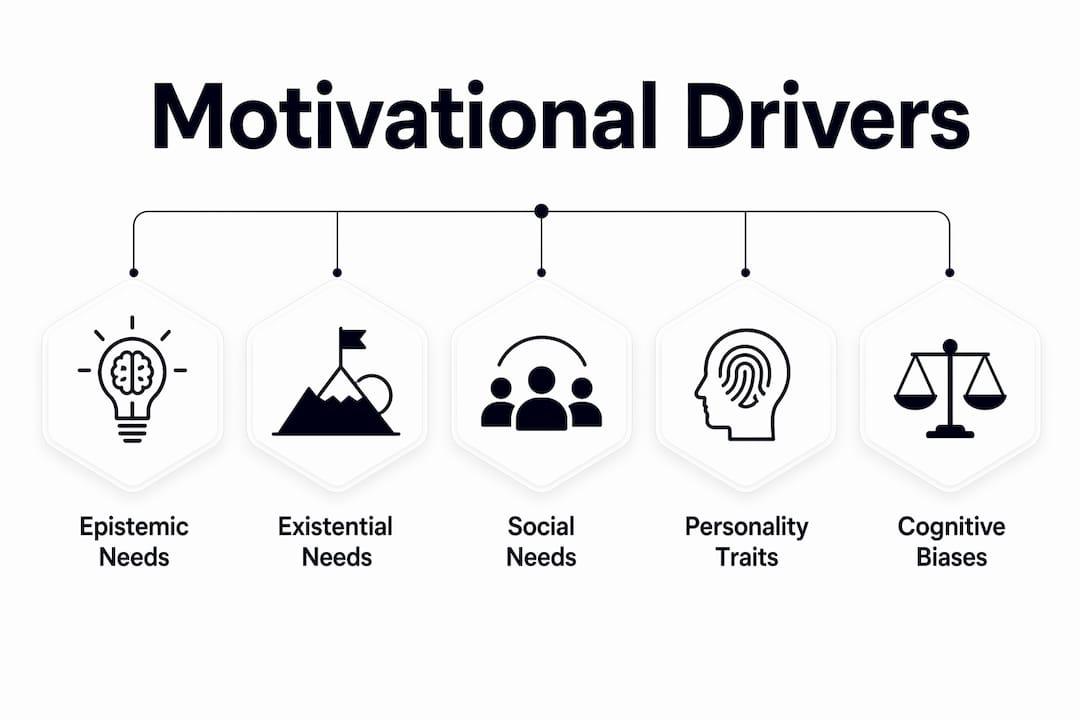 Infographic showing motivational drivers of conspiracy beliefs