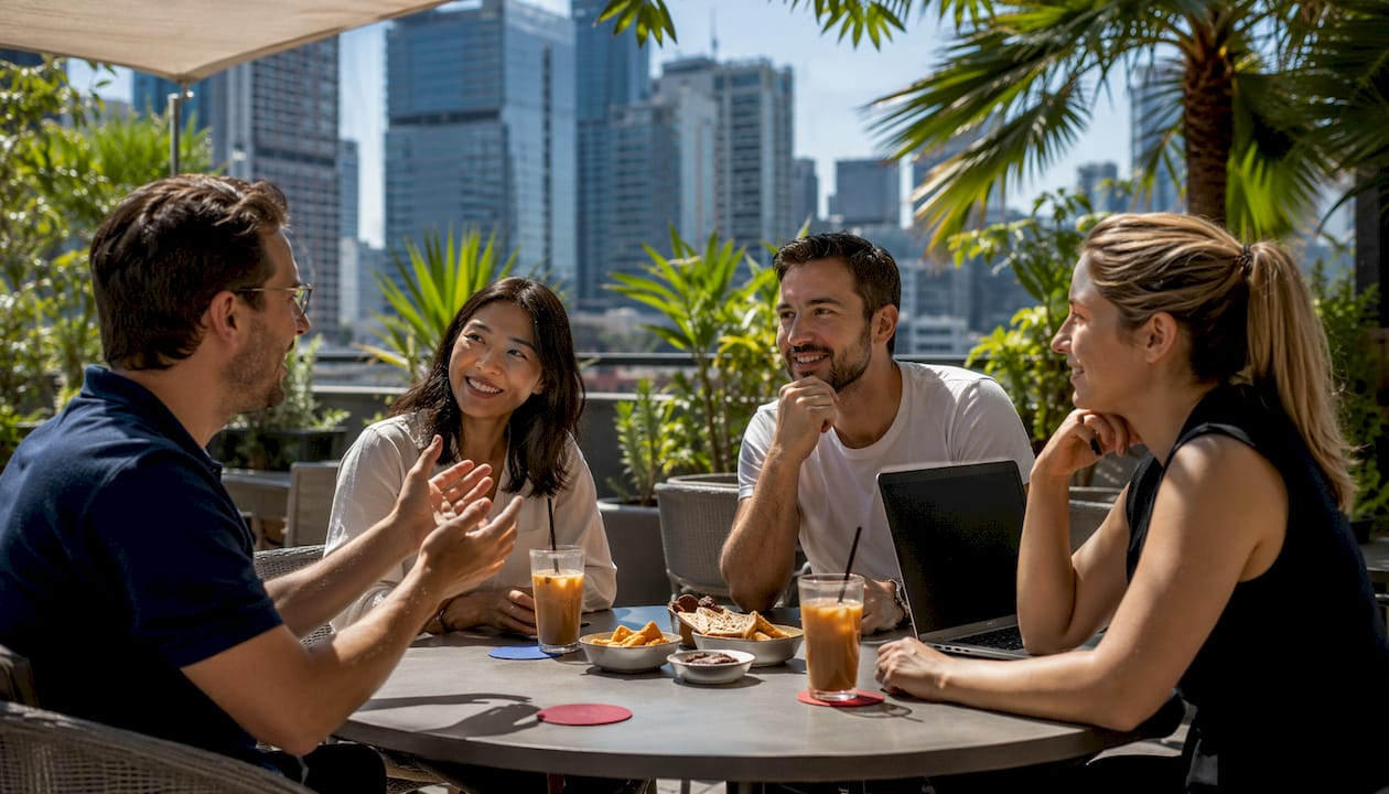 Diverse group discussing ideas in coffee shop