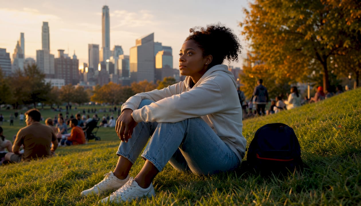 Woman sitting pensively on park bench feeling powerless