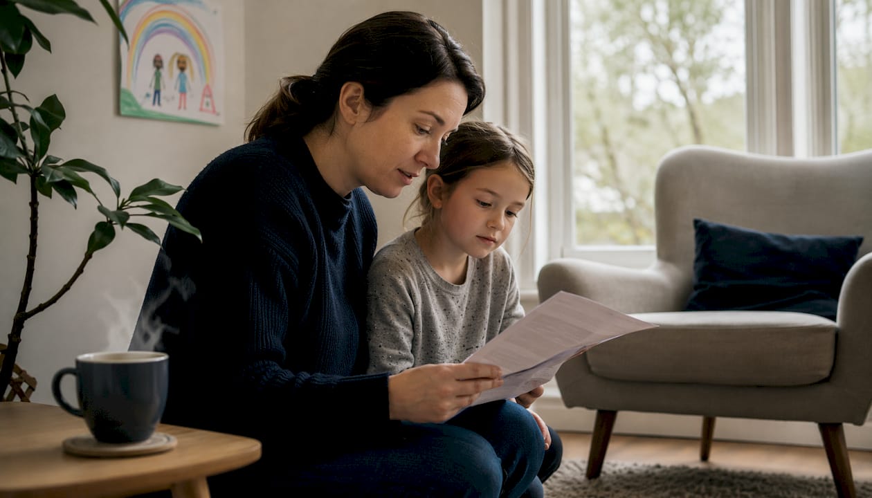 Parent reviewing family media plan with child