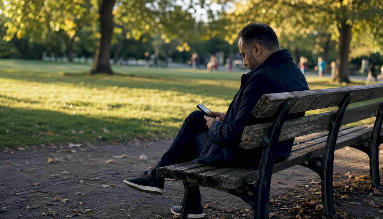 Middle-aged man using smartphone at kitchen table