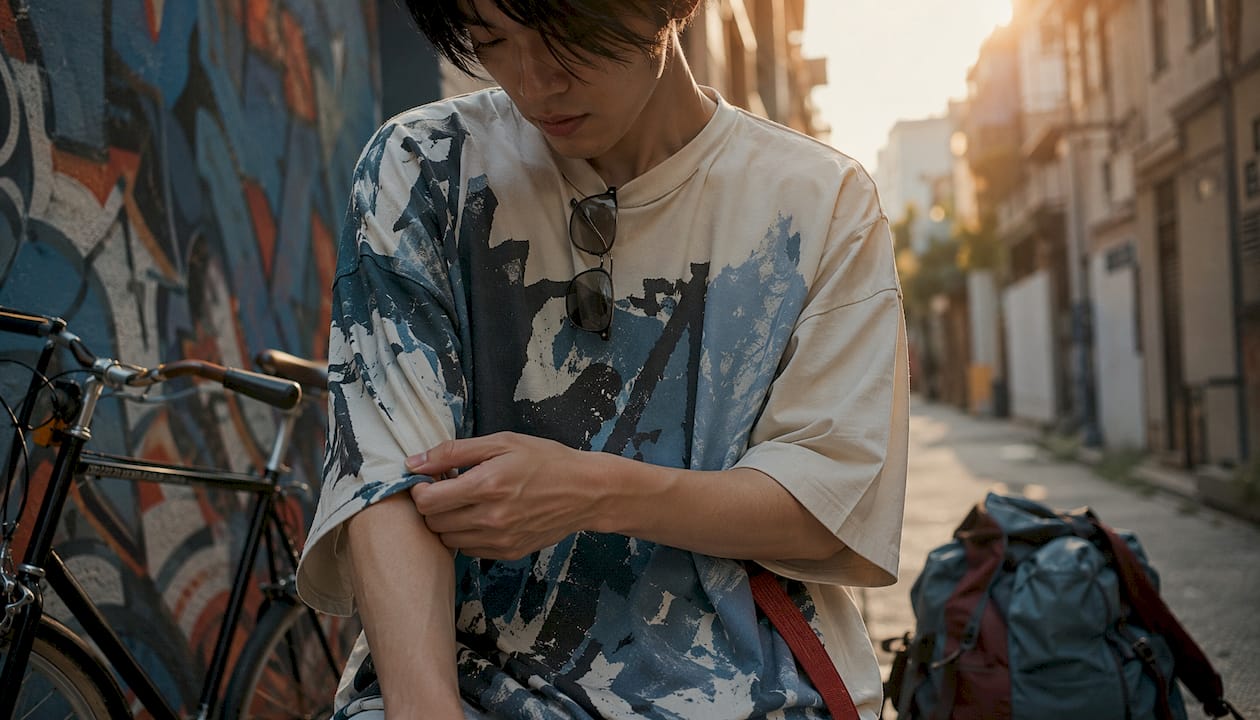 Model adjusting oversized graphic tee indoors