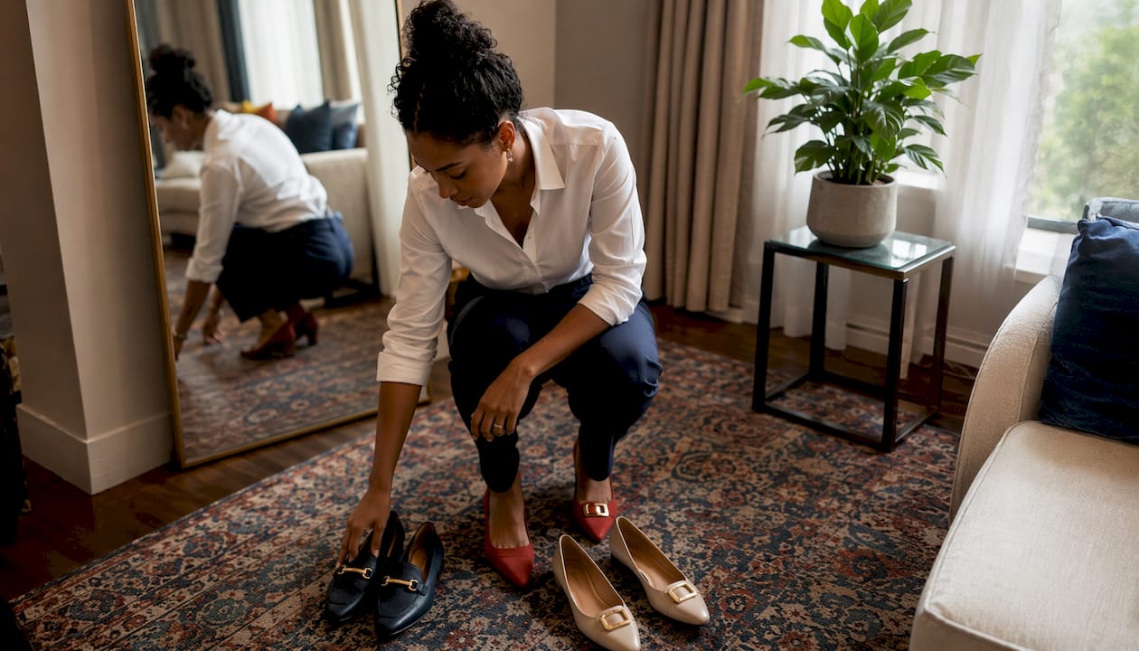 Woman choosing polished shoes at home