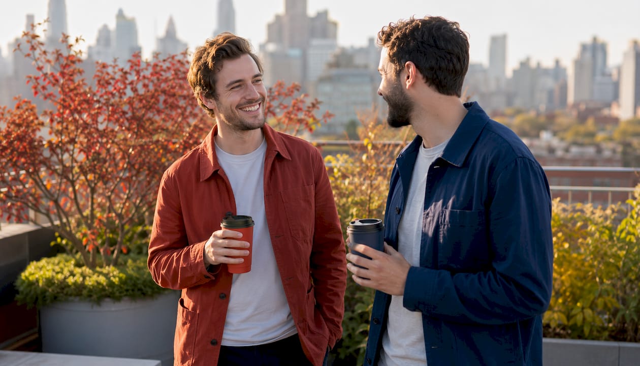 Men wearing heavyweight t-shirts outdoors in autumn park
