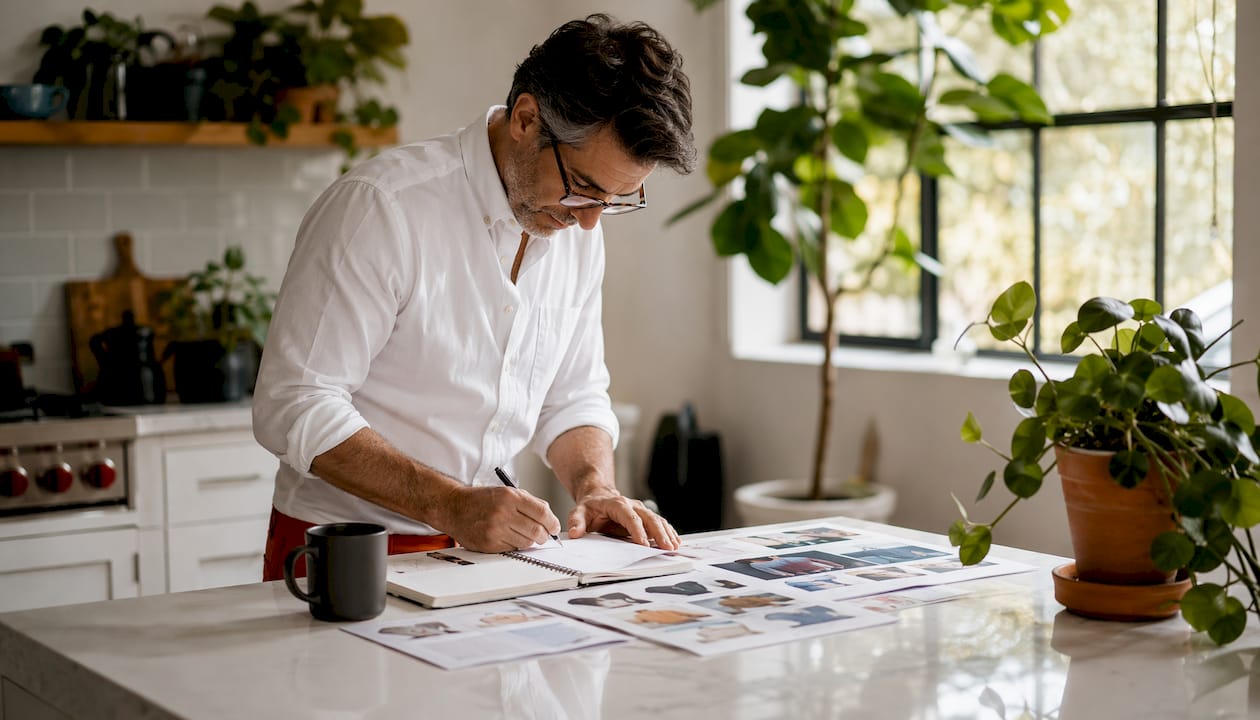 Man reviewing affordable capsule wardrobe catalog