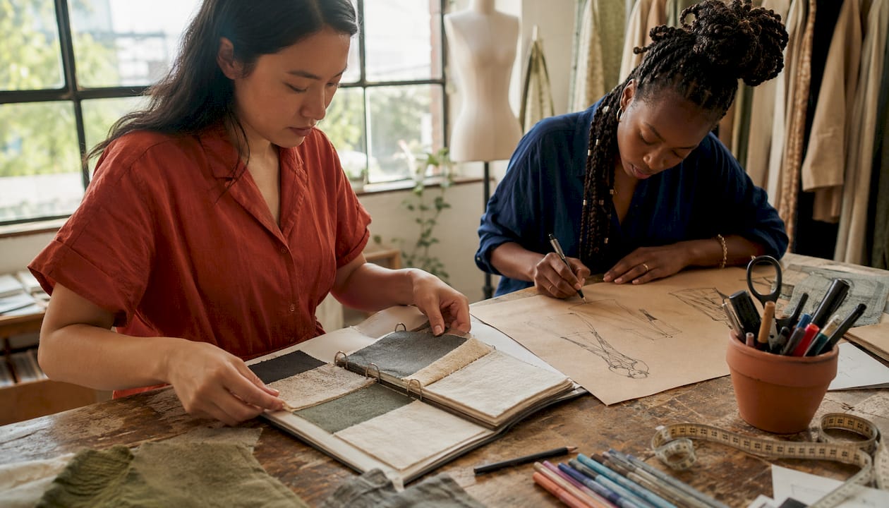 Designers reviewing sustainable fabric samples