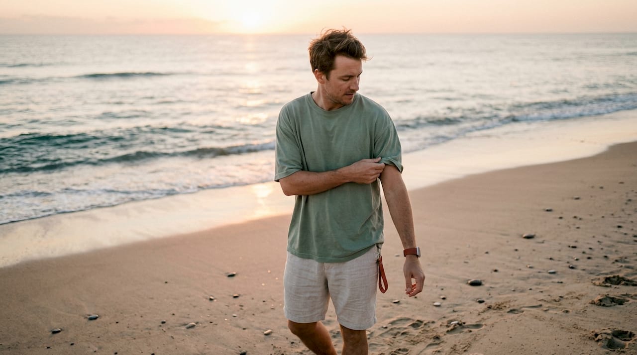 Man adjusting oversized t-shirt hem in city park