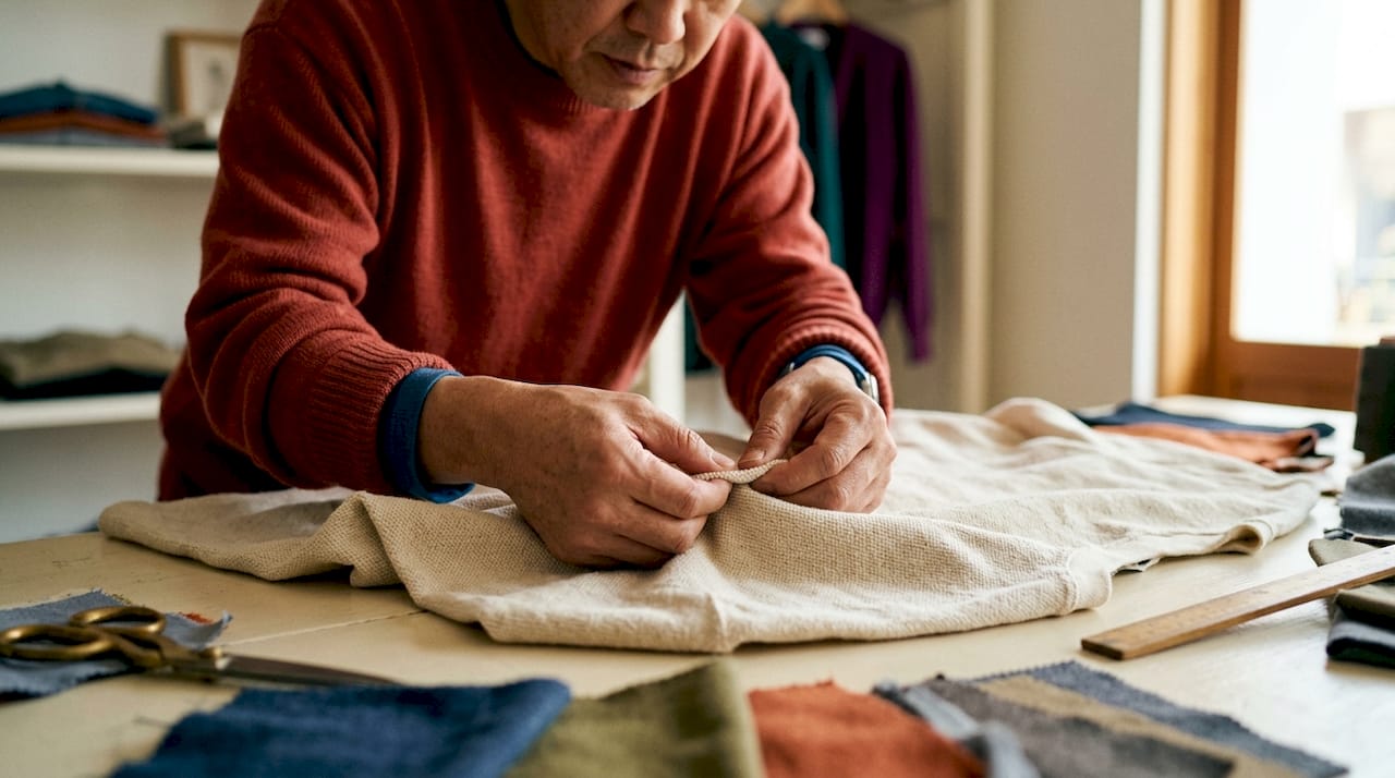 Hands inspecting heavyweight cotton oversized t-shirt fabric