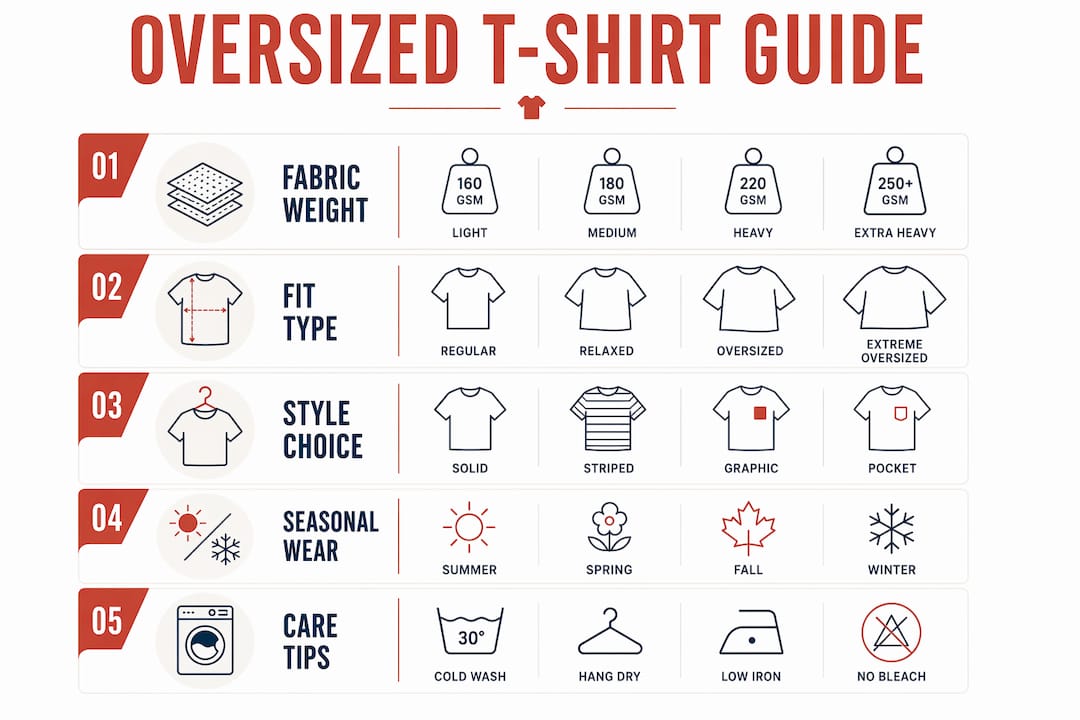 Infographic showing oversized t-shirt buyer guide steps