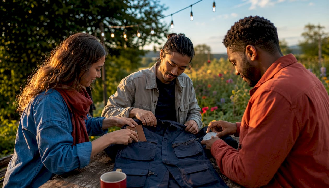 Hands organizing vest pockets in workshop