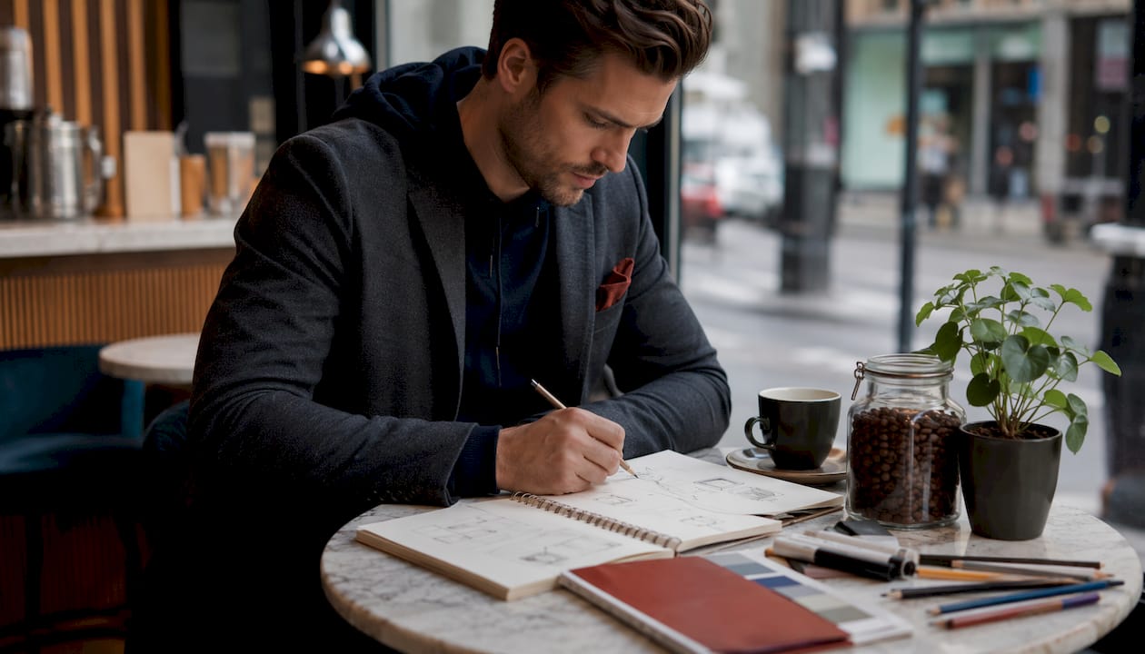 Man wearing hoodie under blazer at workspace