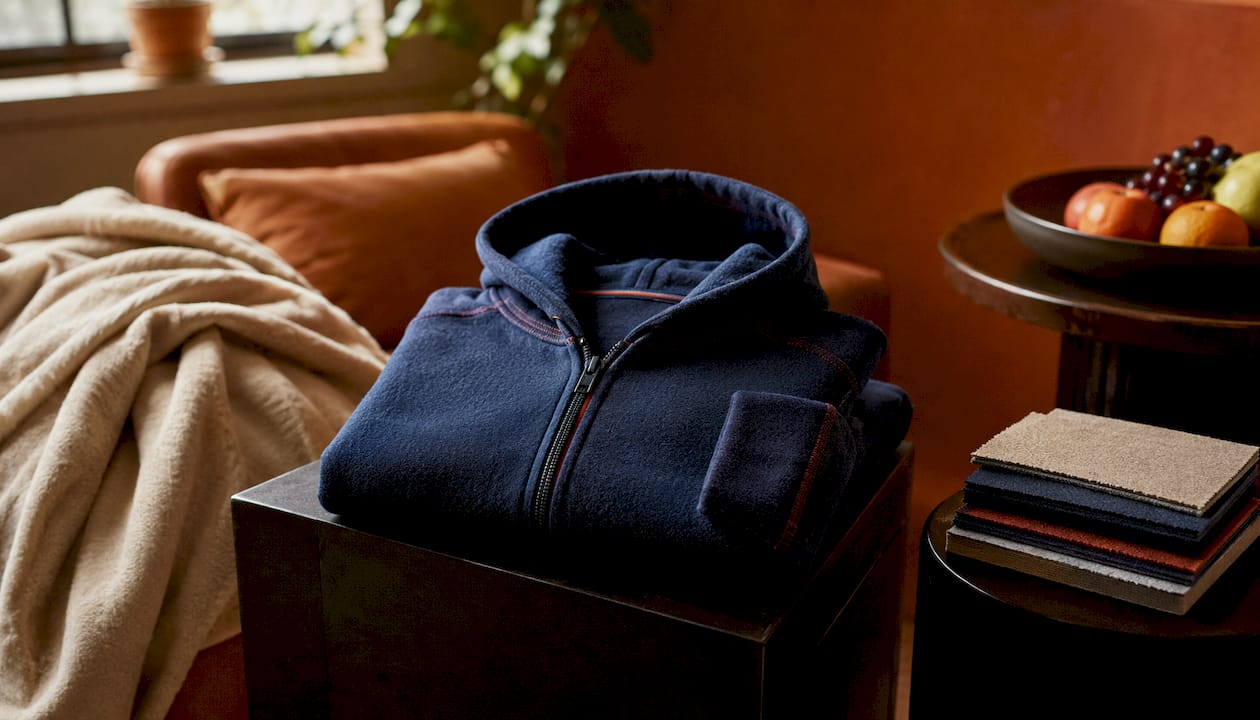 Close-up of contrast-stitched fleece hoodie