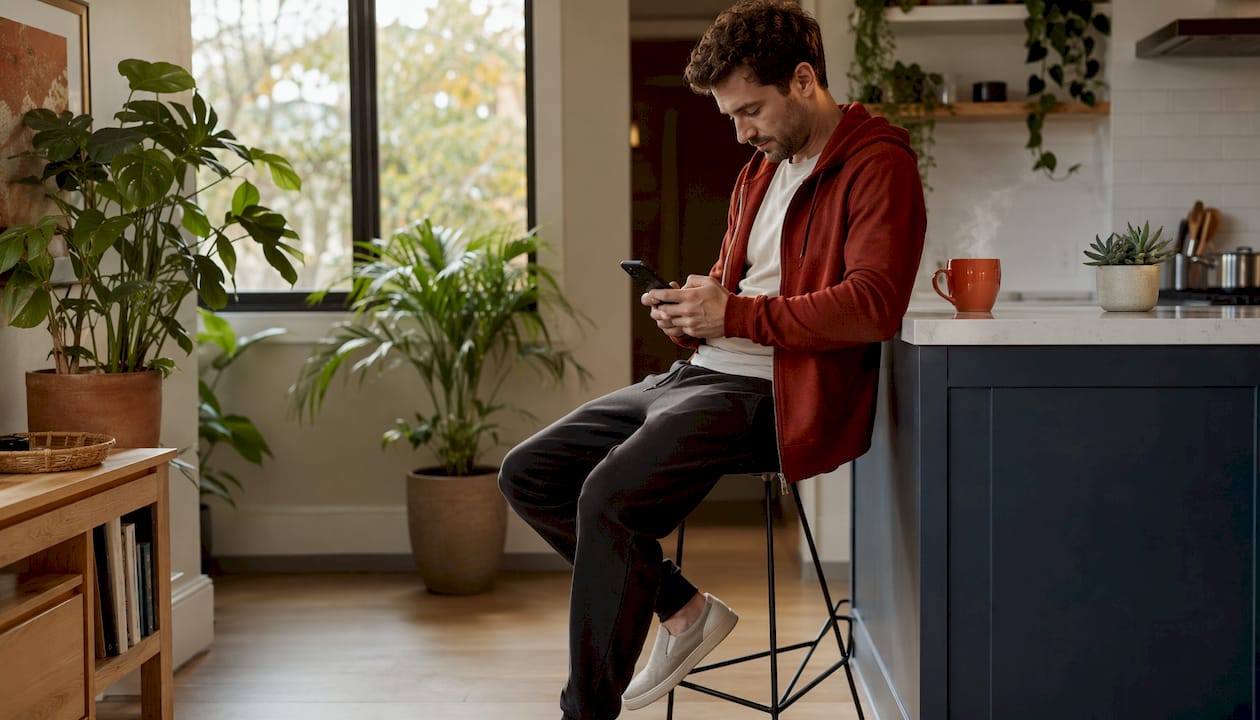 Man wearing everyday zip hoodie at home