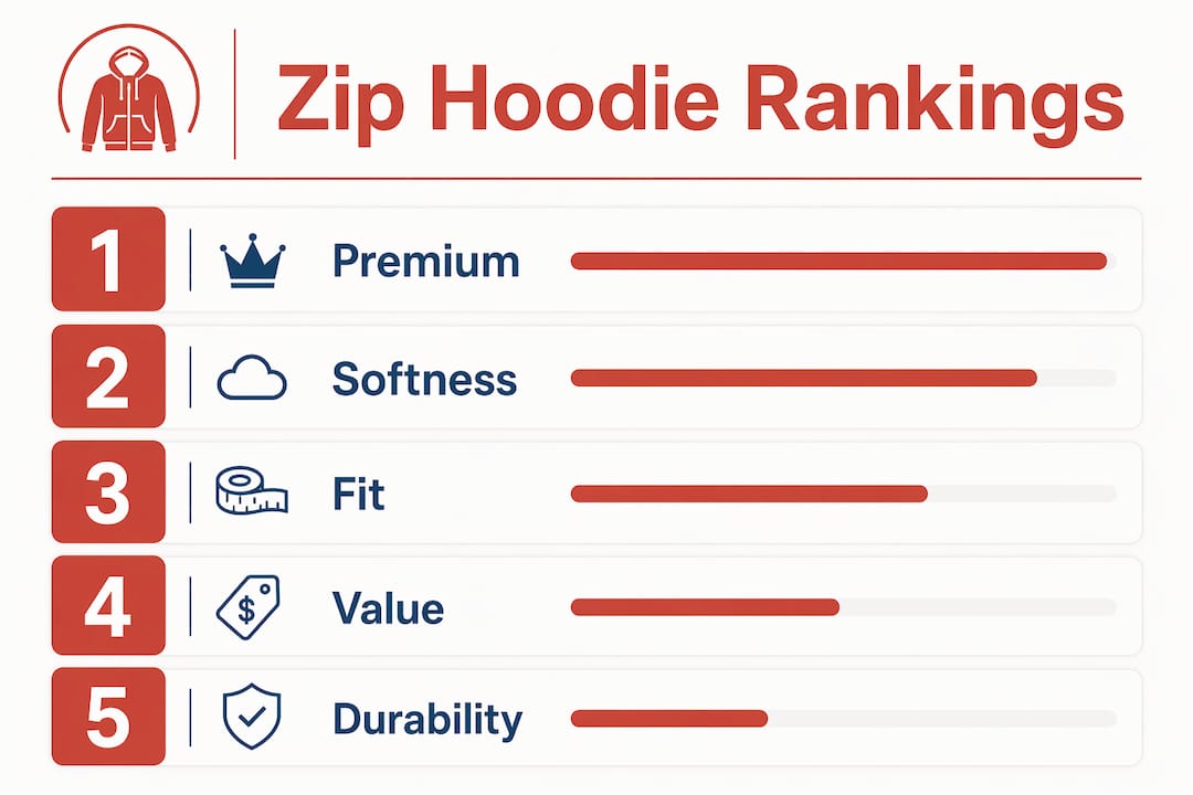 Infographic showing ranked zip hoodie features