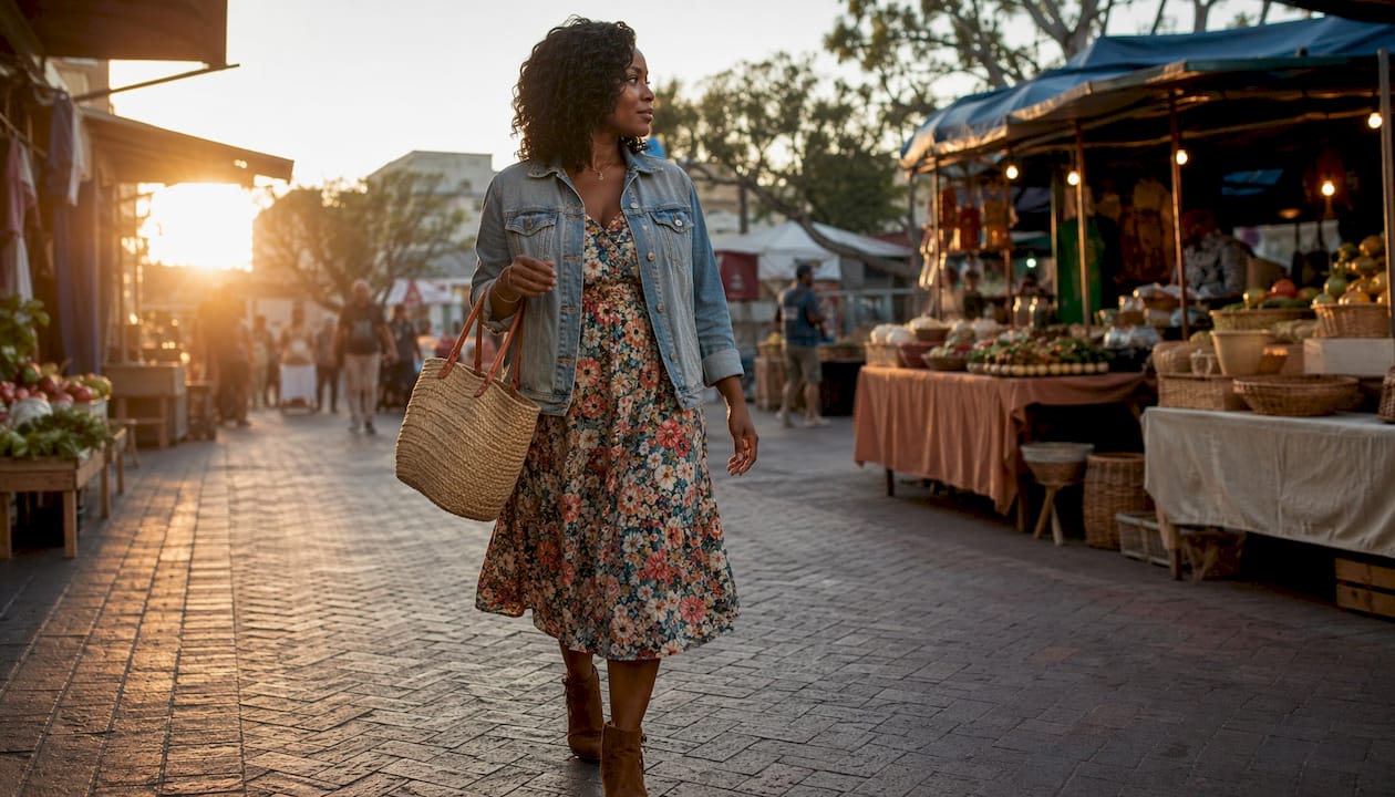 Woman wearing denim jacket with floral midi dress