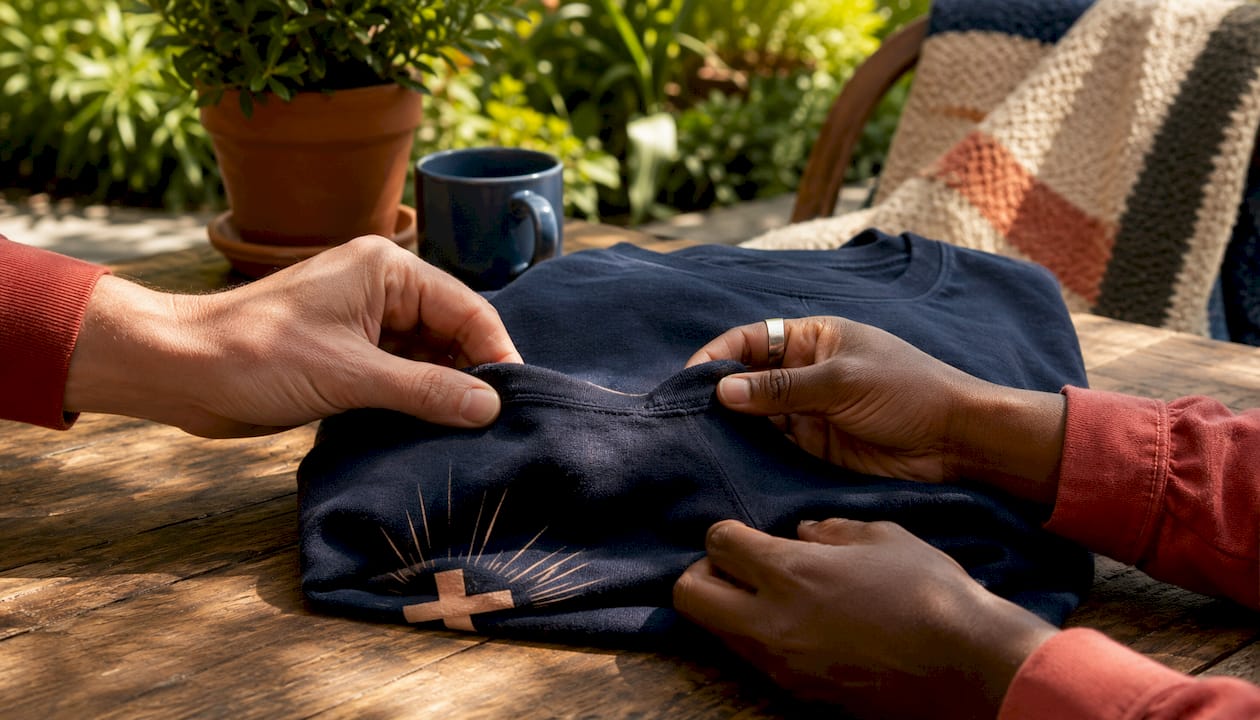 Hands inspecting ethical clothing materials