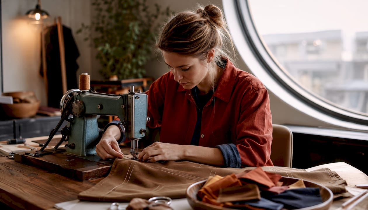 Designer sewing double-stitched streetwear fabric