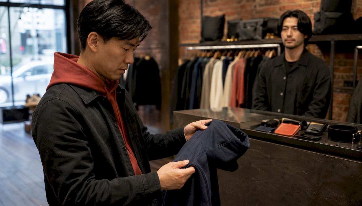 Man inspecting luxury streetwear hoodie in upscale store