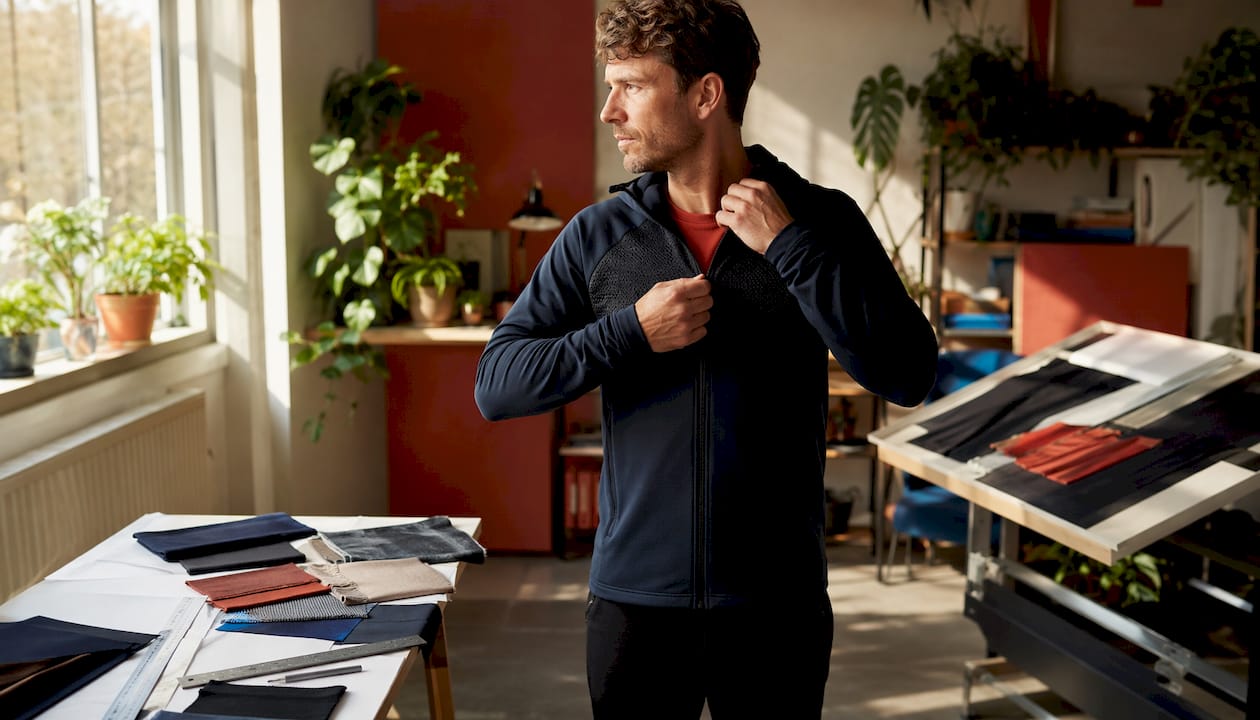 Hands zipping technical lightweight fleece hoodie