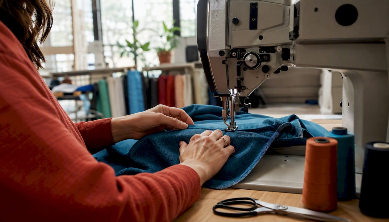 Hands sewing recycled activewear fabric on machine