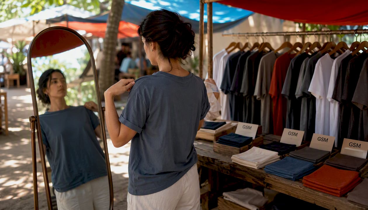 Shopper trying on T-shirts with different fabric weights