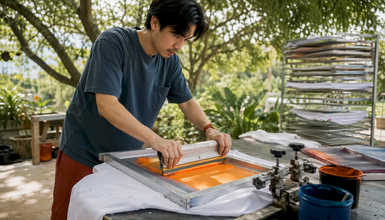 Man screen printing orange ink on hoodie