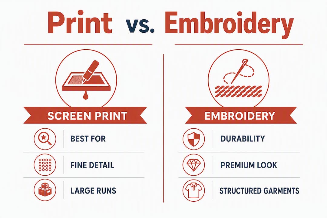 Infographic comparing screen printing and embroidery