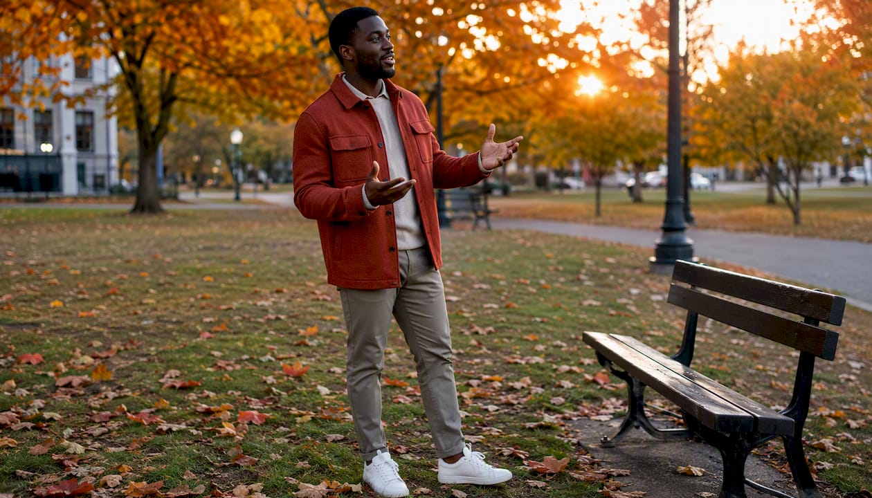 Man wearing shacket outdoors in casual setting
