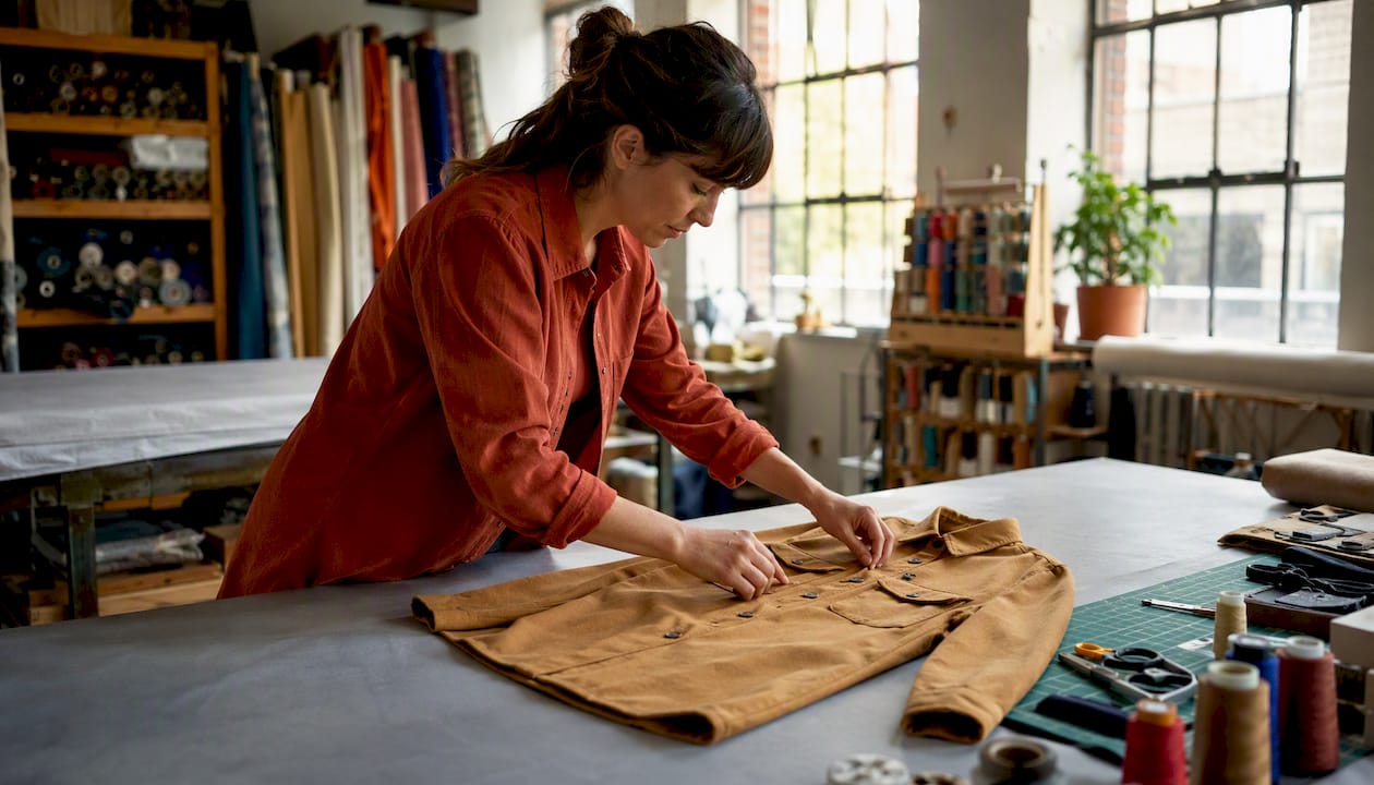 Close-up of hands examining shacket fabric and pockets