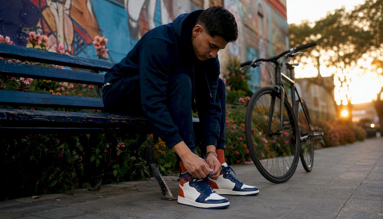 Man lacing sneakers outdoors in streetwear