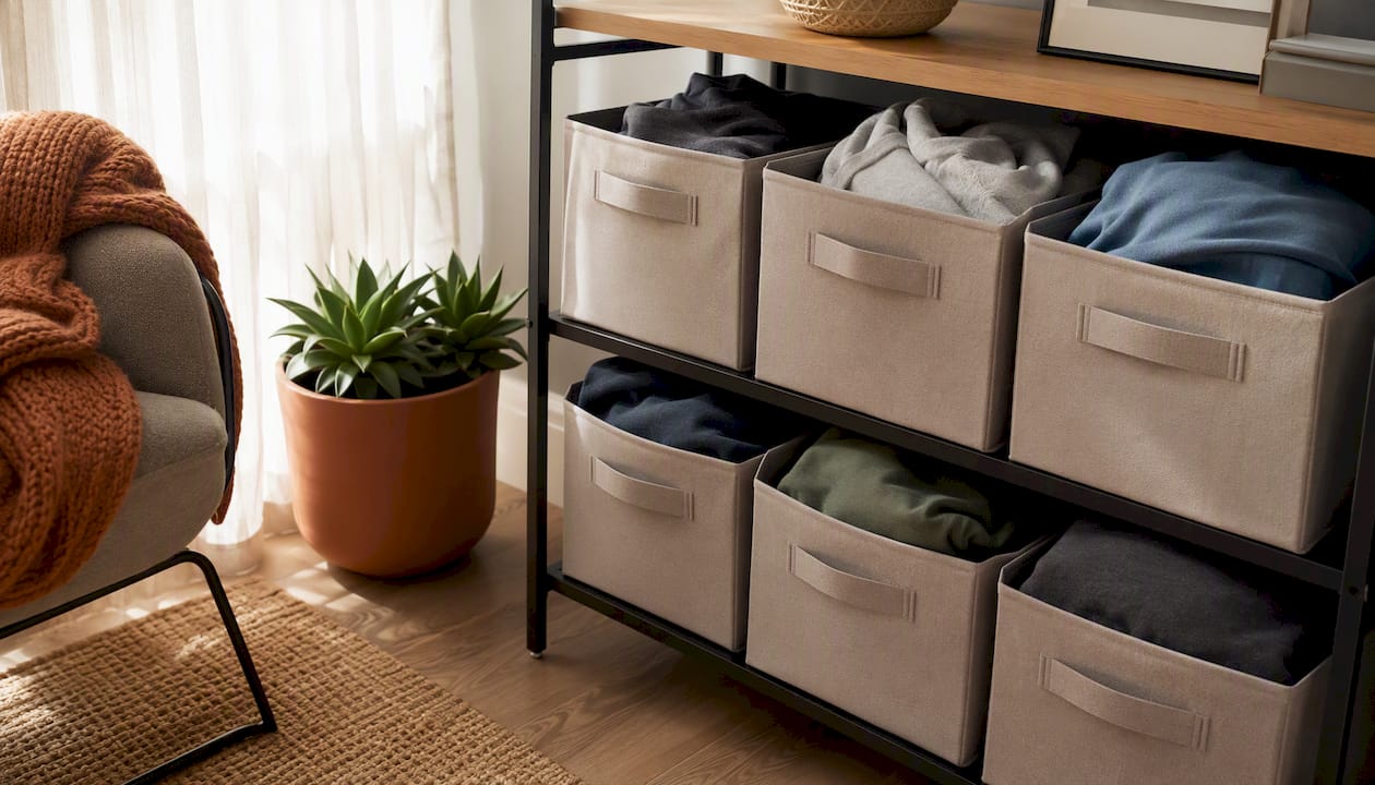 Fabric storage cubes with folded casual clothes inside
