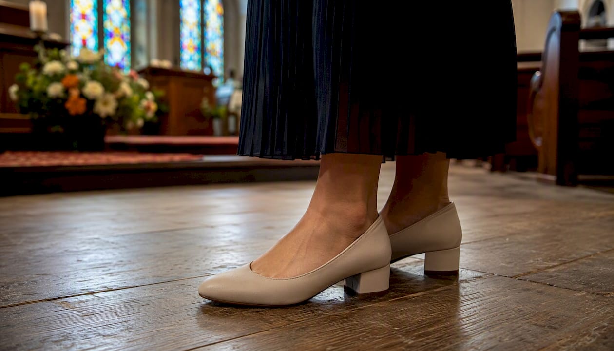 Supportive closed-toe block heel flats on polished floor