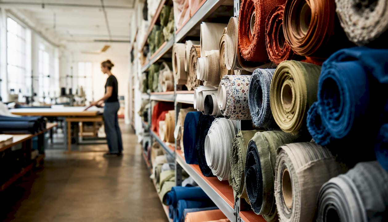 Rolls of fabric in sustainable clothing factory