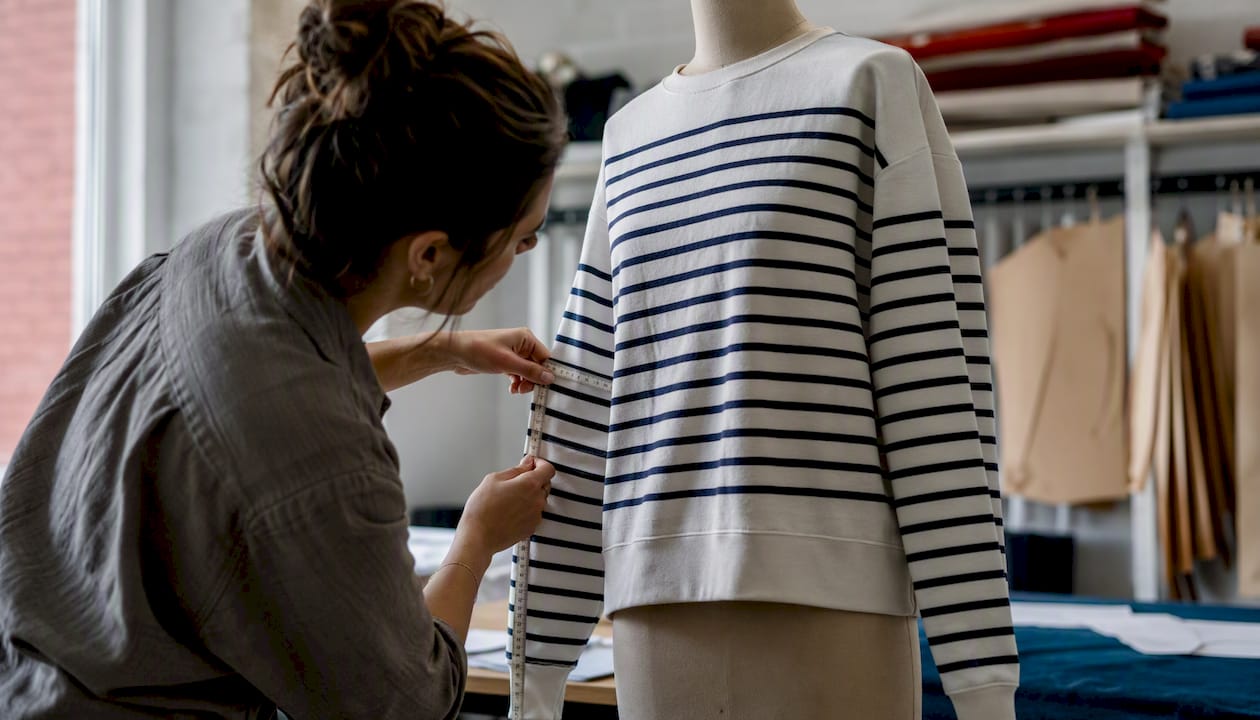 Hands measuring garment on mannequin for fit