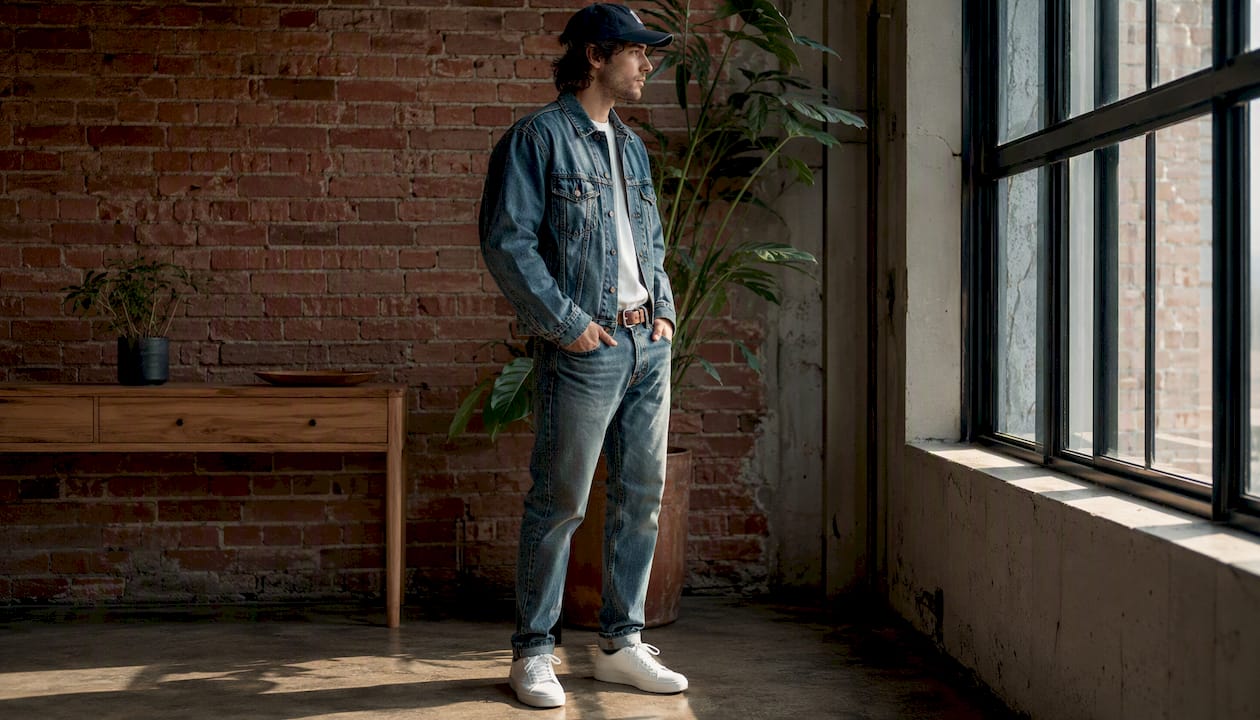 Tonal vintage wash denim set with belt and sneakers
