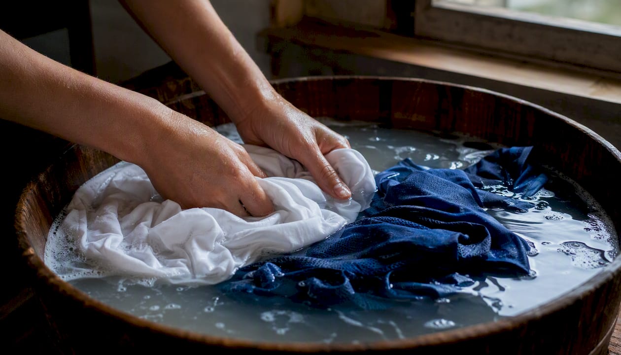 Hands washing cotton and polyester garments in basin