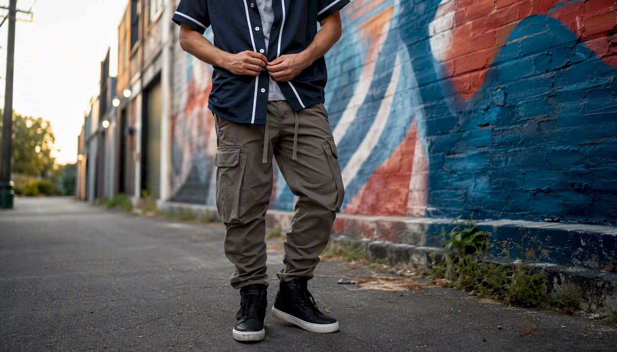 Button-up jersey styled with cargo pants and chunky sneakers