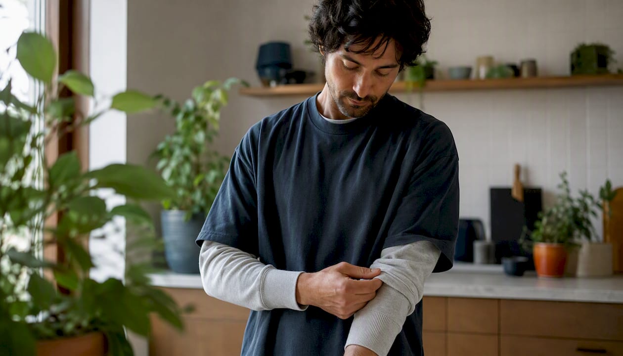 Short sleeve tee layered over long sleeve with rolled cuff