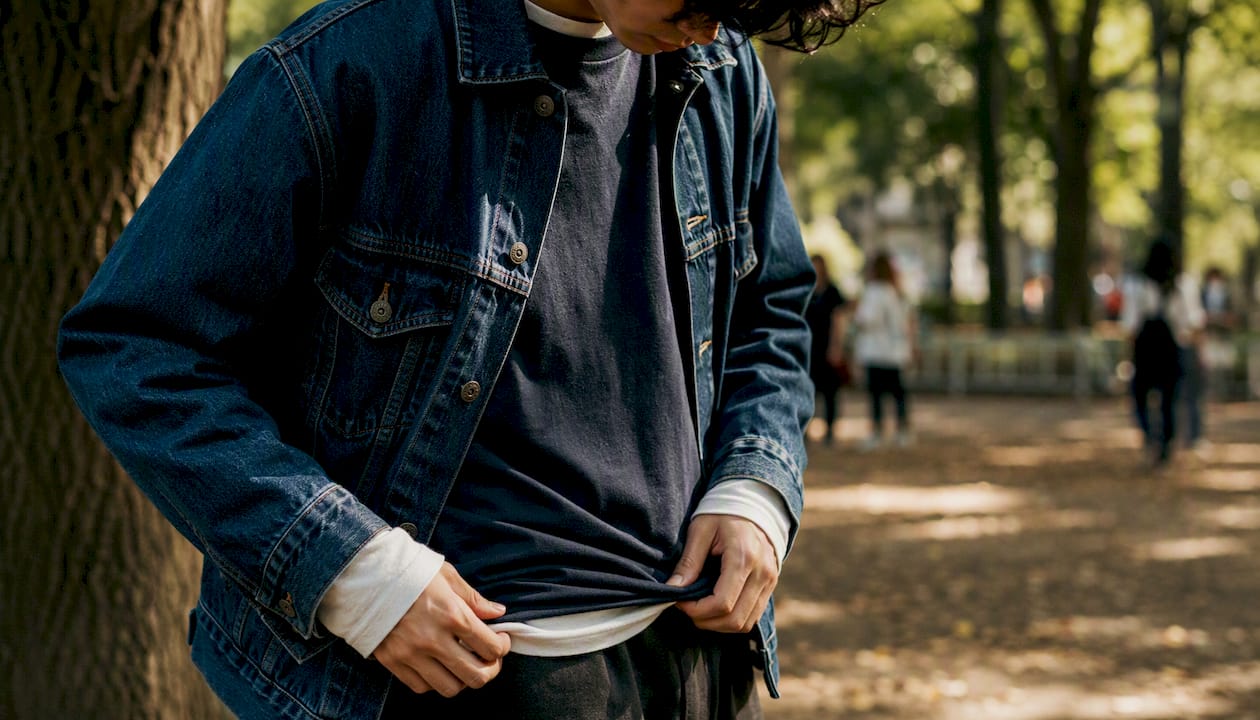 Layered tees with denim jacket on urban street